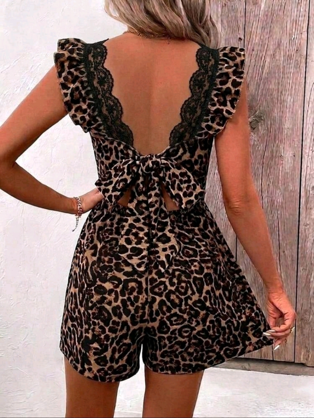 Leopard Print Lace-Trim Tie-Back Romper in Brown Sizes 4 6 8 & 12